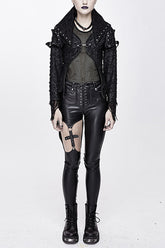 Schwarze Punkrock-Jacke für Damen, vorne kurz und hinten lang, mit Löchern